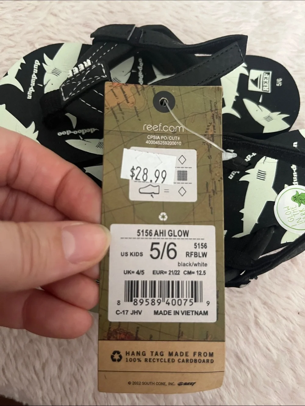 Reef Kids Black Flip Sandals with Light Green Shark Print